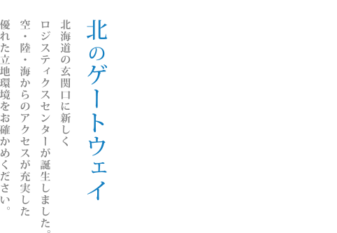 北海道空港株式会社が開発を進める新千歳空港ロジスティクスセンターは、空港に隣接する立地を生かした空港物流センター倉庫の機能と共同輸送のシームレスな連携機能を可能にする工業用分譲地区です。国内主要都市へ、そしてアジアへ。運送業、倉庫業、製造業、流通業、小売業、通信販売業のビジネス展開、グローバル展開を加速させます。